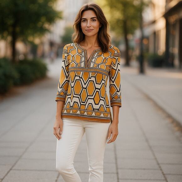 Chico's Womens Tunic Sz 2 L 12 African Ikat Dashiki Inspired Gold Mustard Blue - Picture 1 of 12